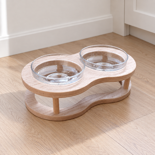 Raised wooden pet feeding stand with two clear bowls on a wooden floor.