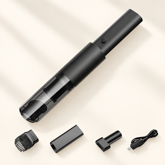 Black compact vacuum with four accessories on an ivory surface.