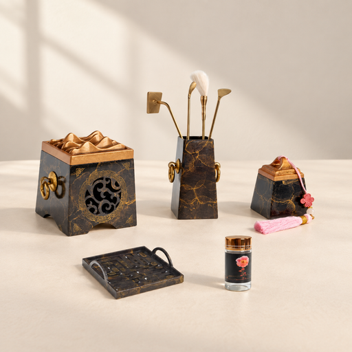 Black and gold incense ceremony set with four tools, tray, jar and bottle on an ivory table.