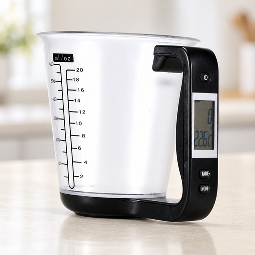 Transparent measuring cup with a black digital scale handle on an ivory counter.