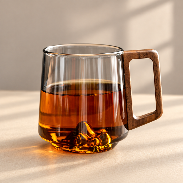 Glass cup with wooden side handle and amber tea on an ivory table.