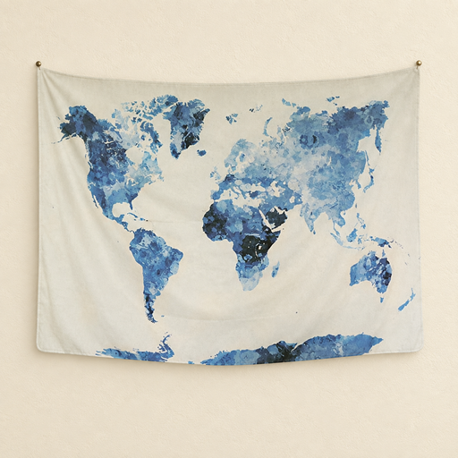 Ivory wall tapestry with a blue patterned world map.