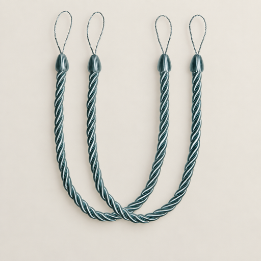 Pair of teal and silver twisted rope curtain tiebacks with four end loops.