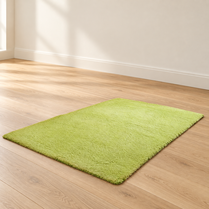 Pale green rug on a light oak floor