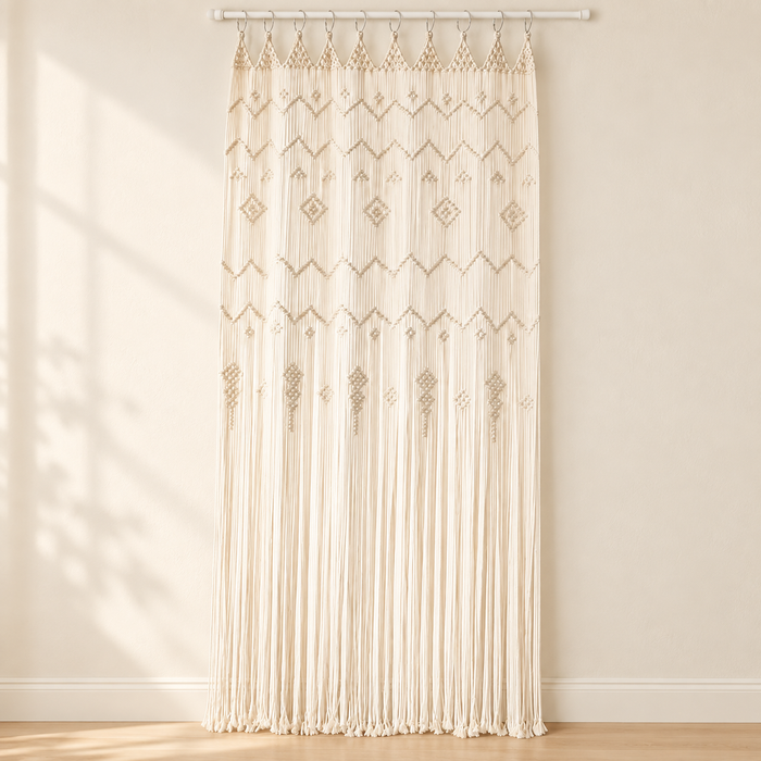 Cream macrame curtain against an ivory wall