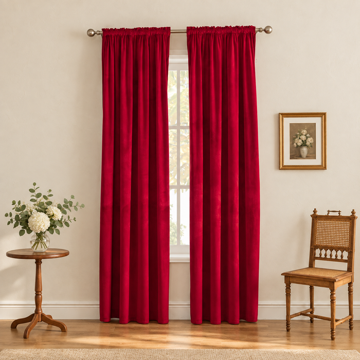 Pair of red curtains in a softly lit ivory room