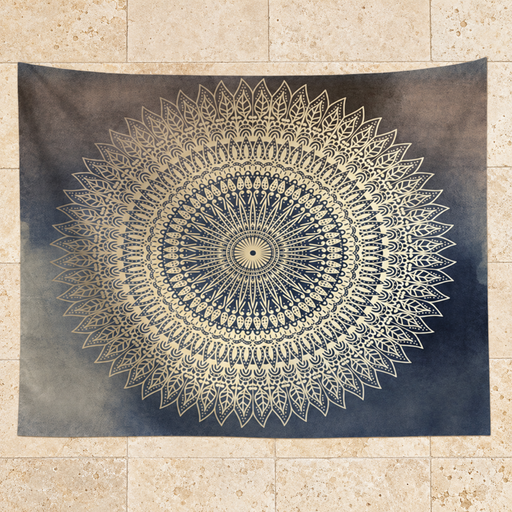 Gold mandala fabric on an ivory stone terrace