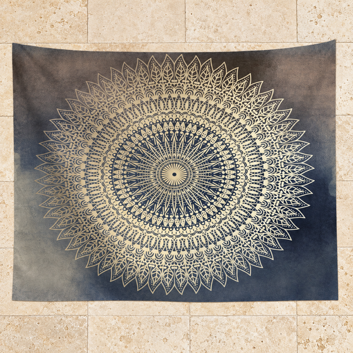 Gold mandala fabric on an ivory stone terrace