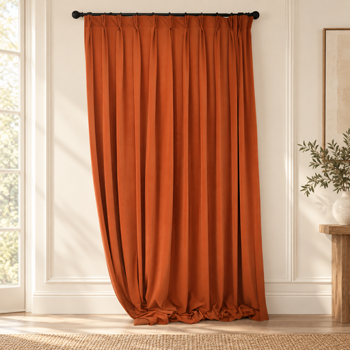 Burnt-orange curtain with pinch pleats and pooled hem in an ivory room.