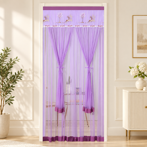 Purple sheer door curtain with deer embroidery and tied side panels in an ivory interior.
