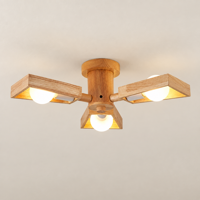 Wooden three-light ceiling fixture with rectangular frames and white bulbs.
