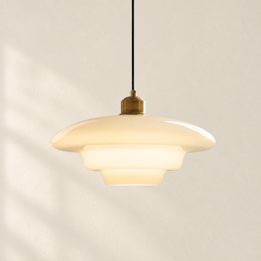 Ivory glass pendant light with stepped shade and brass cap.