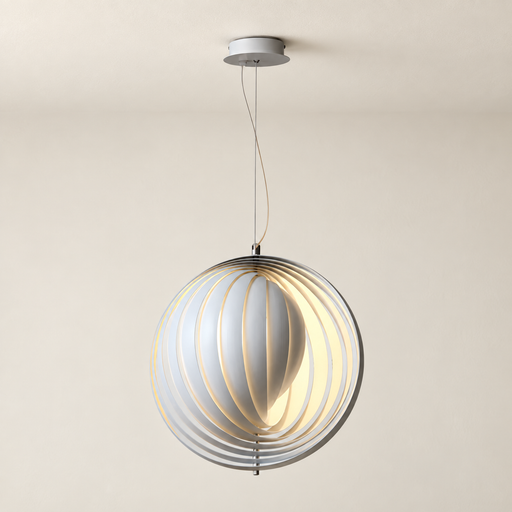 Spherical white and silver pendant light with nested curved rings.