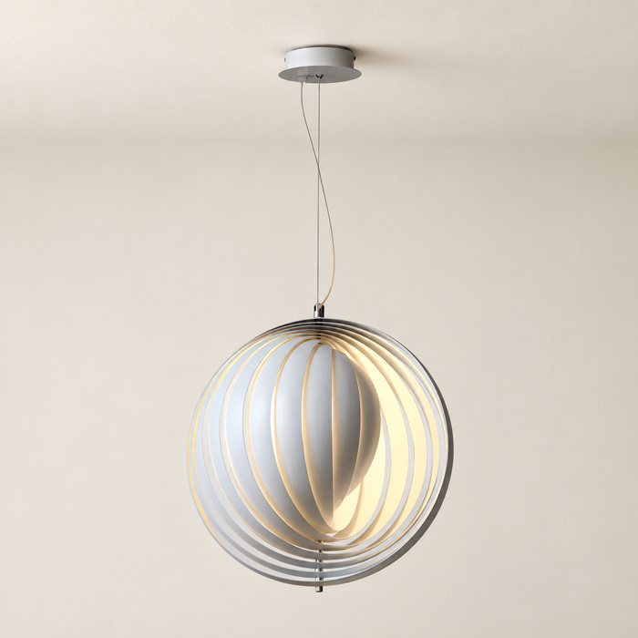 Spherical white and silver pendant light with nested curved rings.