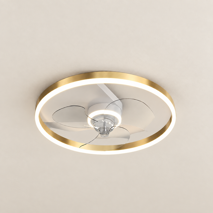 Gold ring ceiling fan light with transparent curved blades and a white light band.