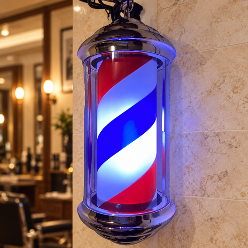 Illuminated red, white and blue barber pole with reflective caps beside a warm stone wall.