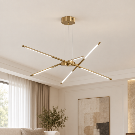 Gold linear chandelier in an ivory living room