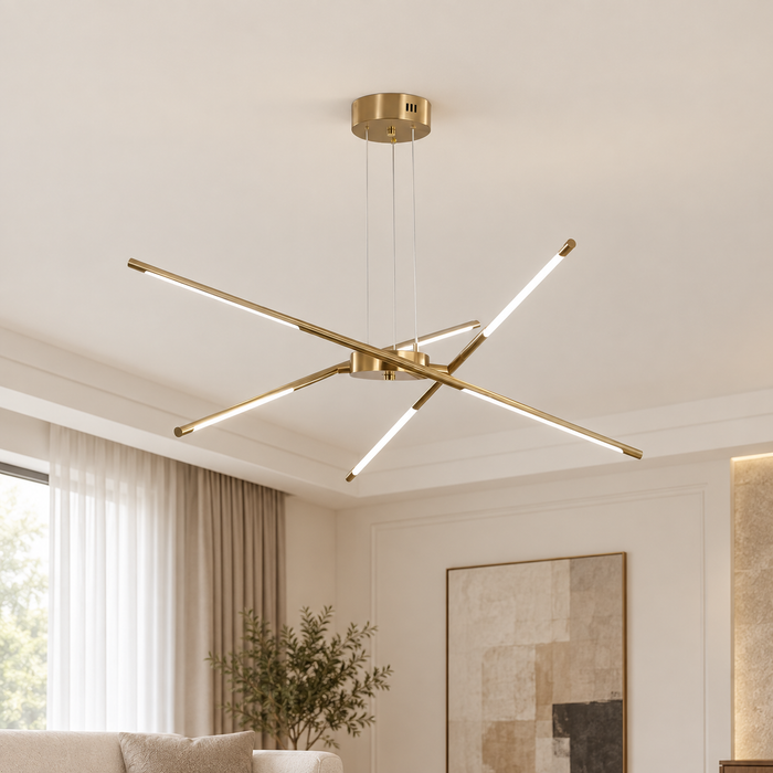 Gold linear chandelier in an ivory living room
