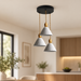 Three white ribbed pendant shades in an ivory interior