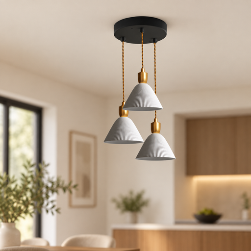 Three white ribbed pendant shades in an ivory interior