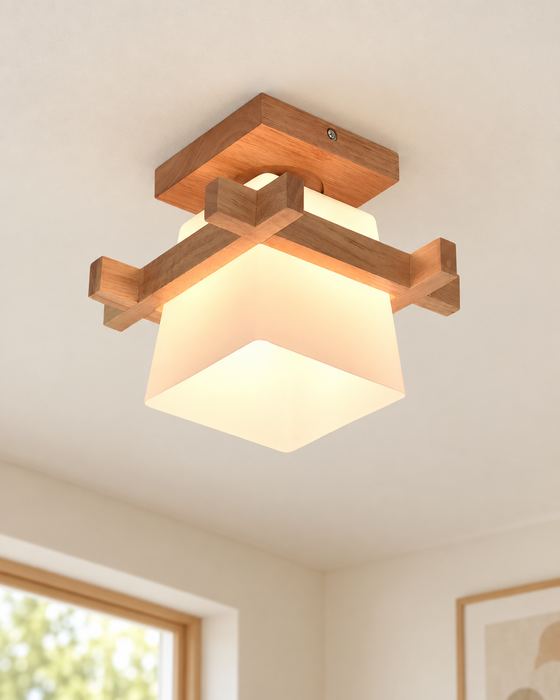 Wood-tone square ceiling light with a frosted shade.