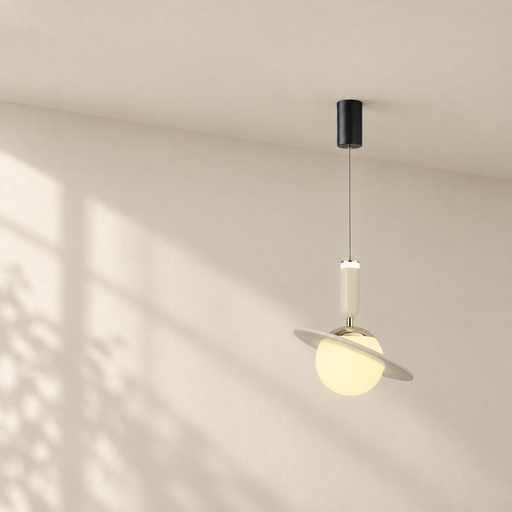 Ivory planet-shaped pendant lamp suspended from a black ceiling canopy