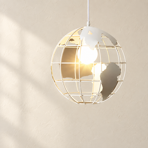 White globe-shaped pendant shade with metal continent silhouettes