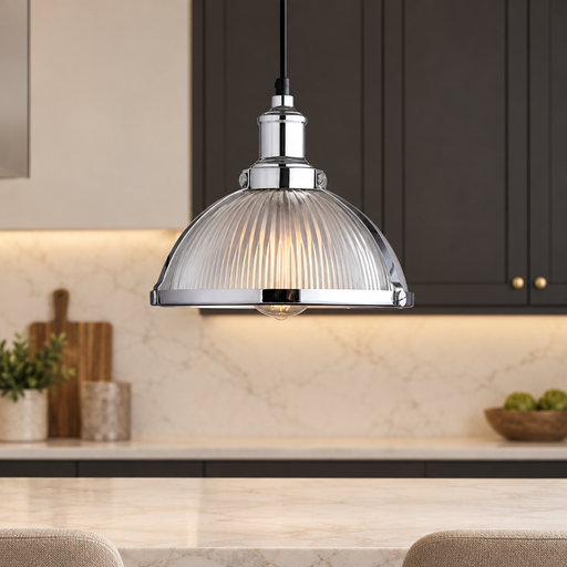 Silver ribbed glass pendant lamp above an ivory kitchen bar.