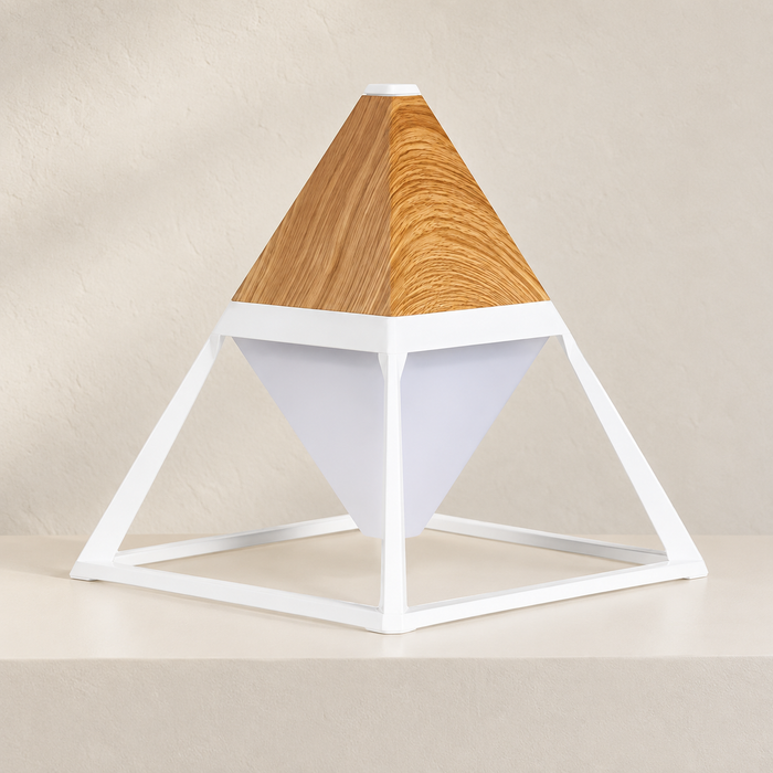 Woodgrain and white geometric table lamp on ivory console