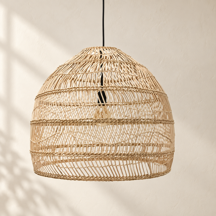 Natural woven rattan pendant shade with an open dome form