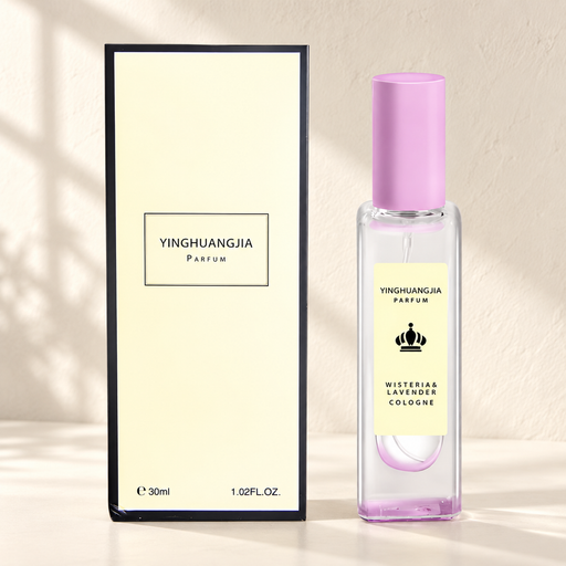 YINGHUANGJIA fragrance bottle with a lilac cap and matching pale box