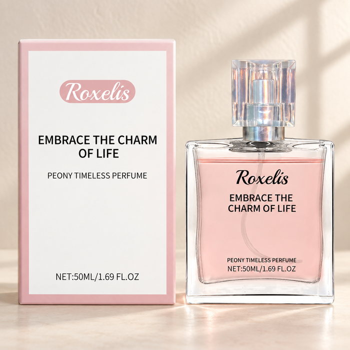 Roxelis pink fragrance bottle and matching white and pink box