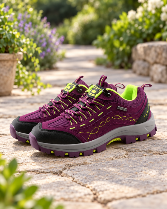Plum and lime hiking shoes with black toe caps and grey midsoles on a stone garden path.
