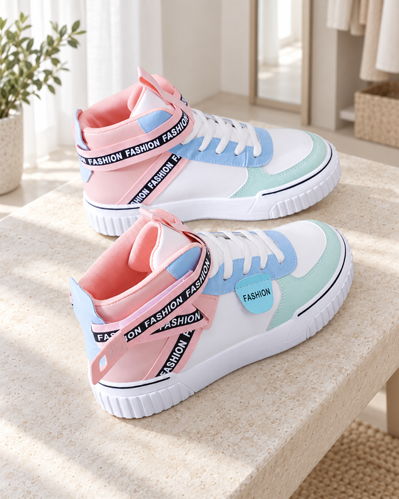 Pastel high-top sneakers with pink straps, light blue and mint panels, and white soles on a stone bench.
