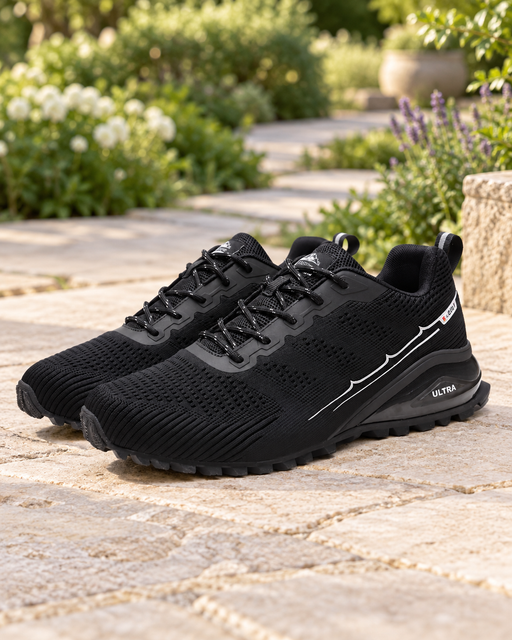 Black running shoes with white side outlines, textured knit uppers and dark sculpted soles on a stone path.