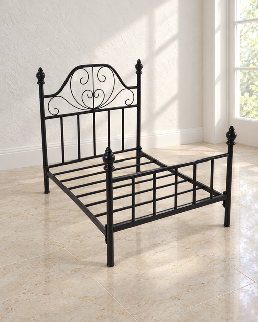 Bare black metal pet bed frame with a decorative scroll headboard in an ivory room.
