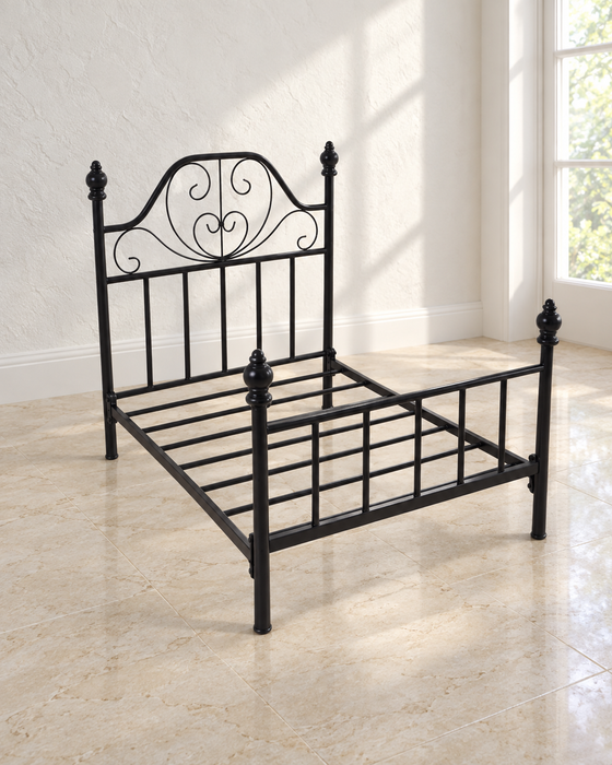 Bare black metal pet bed frame with a decorative scroll headboard in an ivory room.