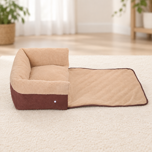 Tan and brown pet bed with blanket extended to the right.