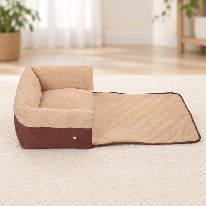 Tan and brown pet bed with blanket extended to the right.