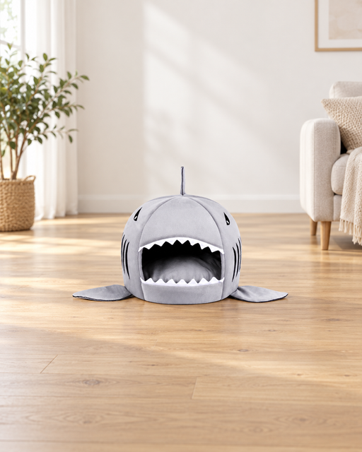 Grey shark-shaped pet cave bed with white teeth and side fins in a softly lit living room.