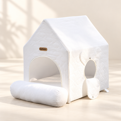White quilted pet house with rolled entrance flap on ivory floor