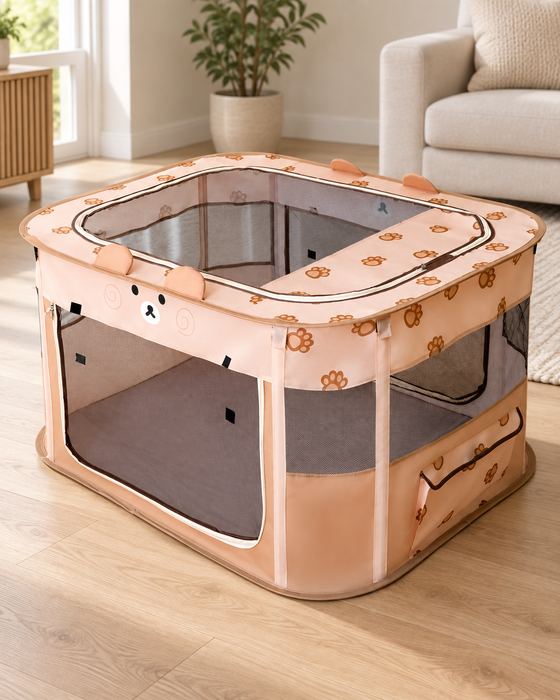 Peach pet playpen with mesh panels, bear-face details and paw prints in a living room.