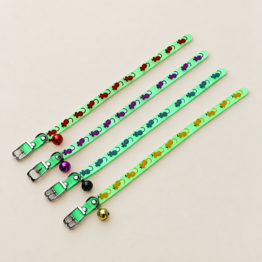 Four luminous green pet collars with coloured mouse patterns and bells on an ivory surface.
