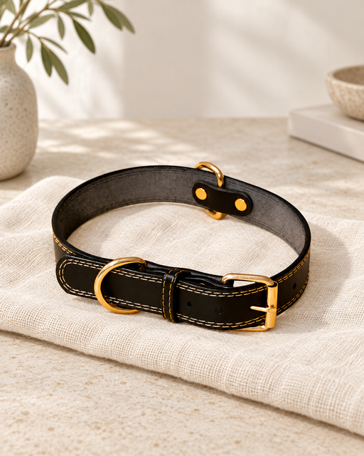 Black pet collar with gold-tone rings and buckle, contrasting stitching and a grey lining on ivory linen.