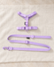 Lavender pet harness and matching leash with adjustable straps, round accents and a swivel clip on ivory linen.