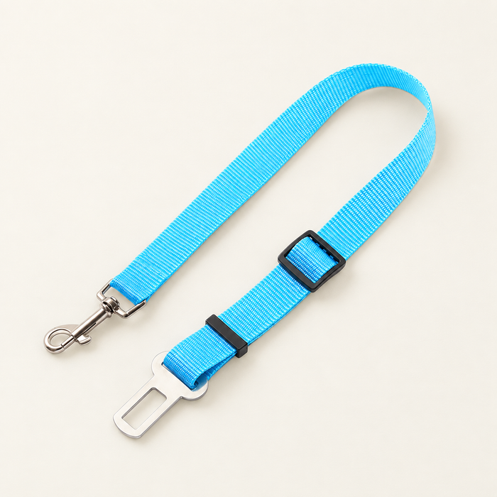 Cyan pet seat belt restraint with metal clip and latch on an ivory surface.