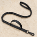 Black elastic dog training leash with two handles and a swivel clasp on ivory stone.