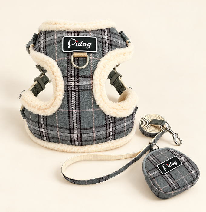 Grey plaid pet harness leash and pouch on ivory background
