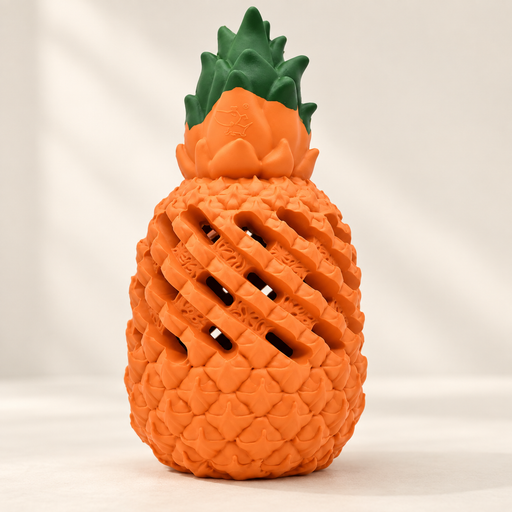 Orange pineapple dog toy with green crown on ivory surface