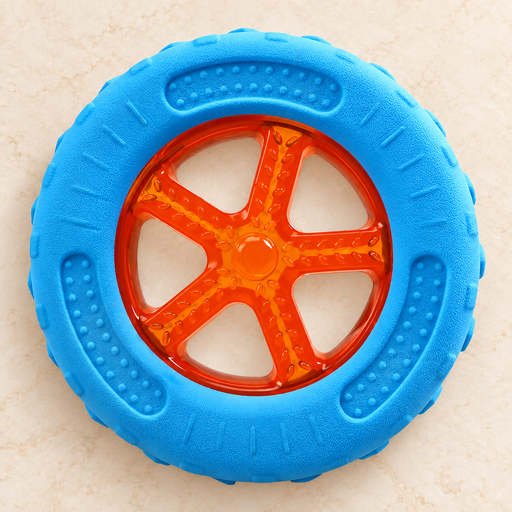 Blue and orange floating dog wheel toy on ivory stone
